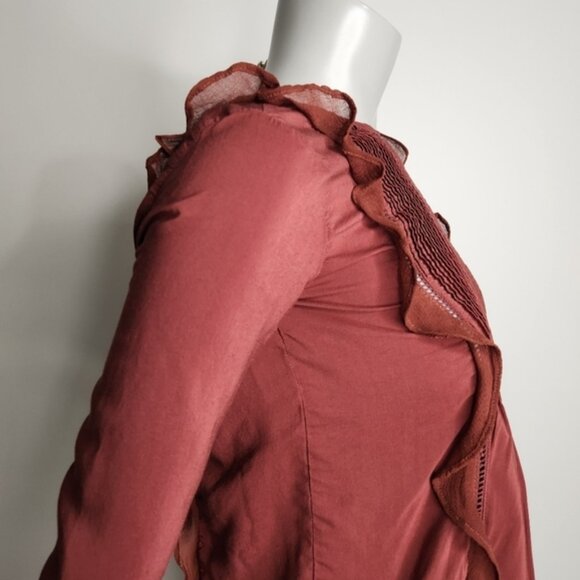 Aritzia X Wilfred Brown Satin Long Sleeve Ruffle Bodice Peplum Top Size XXS - Picture 4 of 13